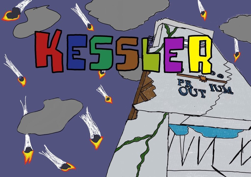 Title Screen image with the word "Kessler" written out in colourful fonts. in the background meteors and debris is burning up as it enters the atmosphere and in the forground a damaged building with missing letters and brickwork is visable.